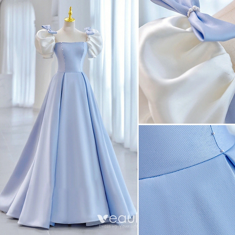 Sky Blue Short Sleeve A Line Satin Prom Dress