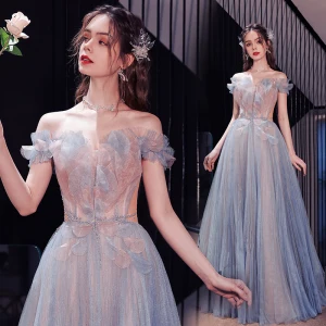 Charmant Bleu Ciel Perlage Robe De Soirée 2022 Princesse De L Épaule Manches Courtes Dos Nu Longue Soirée Robe De Ceremonie
