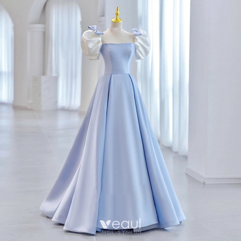 Pearls Embellished Sky Blue Satin Puffy Prom Dress - Xdressy