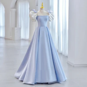 Elegant Sky Blue Pearl Prom Dresses Prom Dresses 2023 A Line Princess Square Neckline Puffy Short Sleeve Bow Backless Floor Length Long Prom Formal Dresses