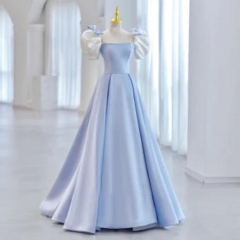 Élégant Bleu Ciel Perle Robe De Bal Robe De Bal 2023 Princesse Encolure Carrée Gonflée Manches Courtes Noeud Dos Nu Longue Promo Robe De Ceremonie
