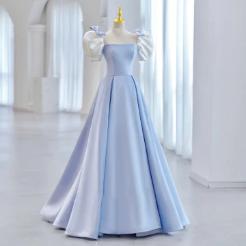 Elegant Sky Blue Pearl Prom Dresses Prom Dresses 2023 A Line Princess Square Neckline Puffy Short Sleeve Bow Backless Floor Length Long Prom Formal Dresses