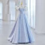 Elegant Sky Blue Pearl Prom Dresses Prom Dresses 2023 A-Line / Princess Square Neckline Puffy Short Sleeve Bow Backless Floor-Length / Long Prom Formal Dresses