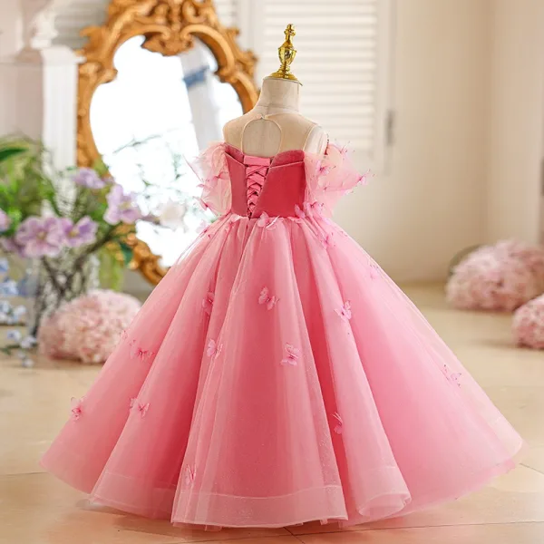 Chic / Beautiful Blushing Pink Butterfly Appliques Birthday Flower Girl Dresses 2025 Ball Gown Scoop Neck Short Sleeve Backless Floor-Length / Long