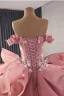 High-end Blushing Pink Handmade  Beading Pearl Rhinestone Lace Flower Appliques Prom Dresses 2025 Ball Gown Off-The-Shoulder Short Sleeve Backless
