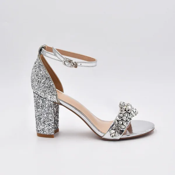 Charmant Silber Strass Pailletten Brautschuhe 2023 Knöchelriemen 8 cm Thick Heels Peeptoes Hochzeit Sandaletten Hochhackige