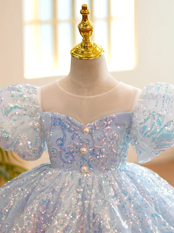 Sparkly Sky Blue Laser Sequins Birthday Short Sleeve Flower Girl Dresses 2022 Ball Gown Scoop Neck Puffy Short Flower Girl Dresses