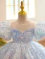 Sparkly Sky Blue Laser Sequins Birthday Short Sleeve Flower Girl Dresses 2022 Ball Gown Scoop Neck Puffy Short Flower Girl Dresses