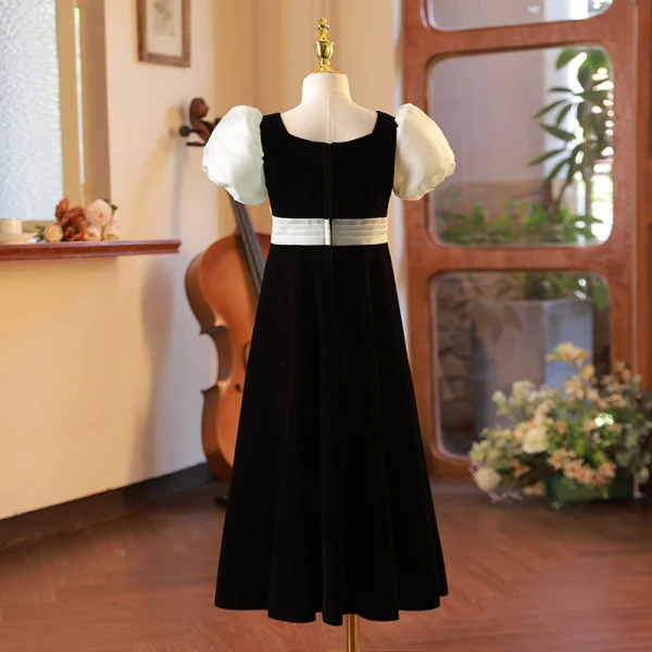 Elegant Black Birthday Flower Girl Dresses 2024 A-Line / Princess Square Neckline Puffy Short Sleeve Backless Bow Floor-Length / Long