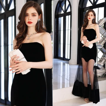 Sexy Black See Through Evening Dresses 2022 Trumpet Mermaid Strapless Sleeveless Backless Floor Length Long Formal Dresses