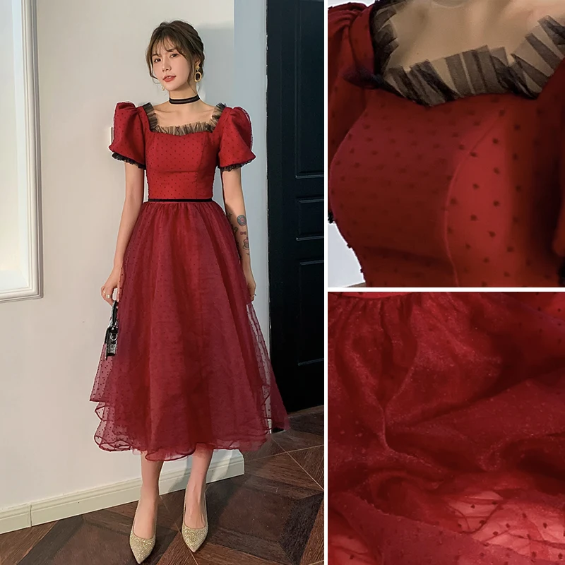 Fashion Burgundy Holiday Spotted Party Dresses 2023 A-Line Princess Square Neckline