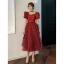 Fashion Burgundy Holiday Spotted Party Dresses 2023 A-Line / Princess Square Neckline Short Sleeve Backless Tea-length Formal Dresses