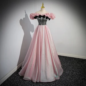 Charmant Rougissant Rose Glitter Robe De Bal 2023 Princesse De L Épaule Noeud Manches Courtes Dos Nu Longue Robe De Ceremonie