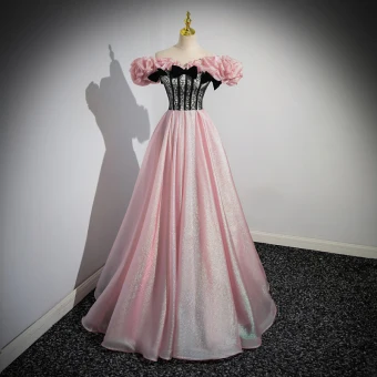 Lovely Blushing Pink Glitter Prom Dresses 2023 A Line Princess Off The Shoulder Bow Short Sleeve Backless Floor Length Long Formal Dresses