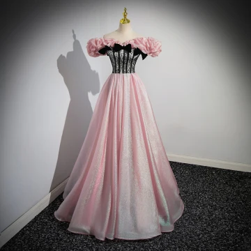 Charmant Rougissant Rose Glitter Robe De Bal 2023 Princesse De L Épaule Noeud Manches Courtes Dos Nu Longue Robe De Ceremonie