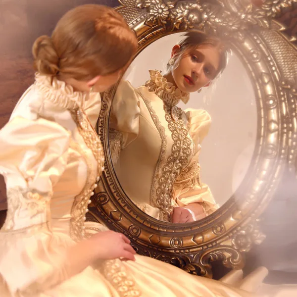 Vintage / Retro Medieval Champagne Prom Dresses 2022 Ball Gown High Neck Puffy 1/2 Sleeves Lace Flower Floor-Length / Long Formal Dresses