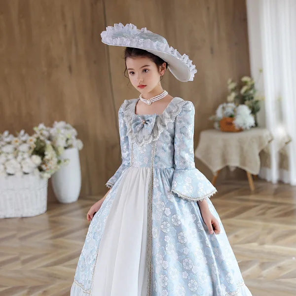 Medieval Sky Blue Printing Birthday Flower Girl Dresses 2023 A-Line / Princess Scoop Neck Pearl Bow Bell sleeves Floor-Length / Long Flower Girl Dresses