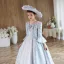 Medieval Sky Blue Printing Birthday Flower Girl Dresses 2023 A-Line / Princess Scoop Neck Pearl Bow Bell sleeves Floor-Length / Long Flower Girl Dresses