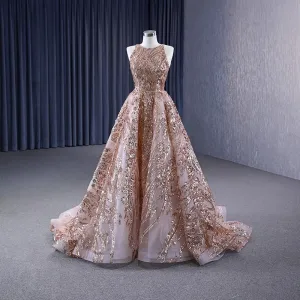 Sparkly High End Rose Gull Håndlaget Beading Paljetter Ballkjoler 2023 Prinsesse Scoop Halsen Uten Ermer Feie Tog Ball Formelle Kjoler