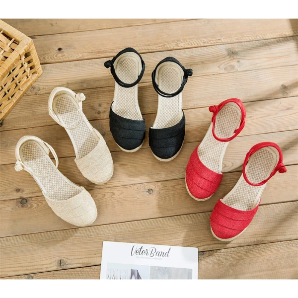 Modest / Simple Red Summer Street Wear Womens Sandals 2023 Ankle Strap 6 cm Wedges Round Toe Sandals