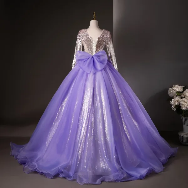 Sparkly Silver Sequins Prom Dresses 2025 Ball Gown V-Neck Long Sleeve Backless Floor-Length / Long Formal Dresses