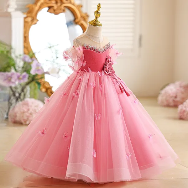 Chic / Beautiful Blushing Pink Butterfly Appliques Birthday Flower Girl Dresses 2025 Ball Gown Scoop Neck Short Sleeve Backless Floor-Length / Long