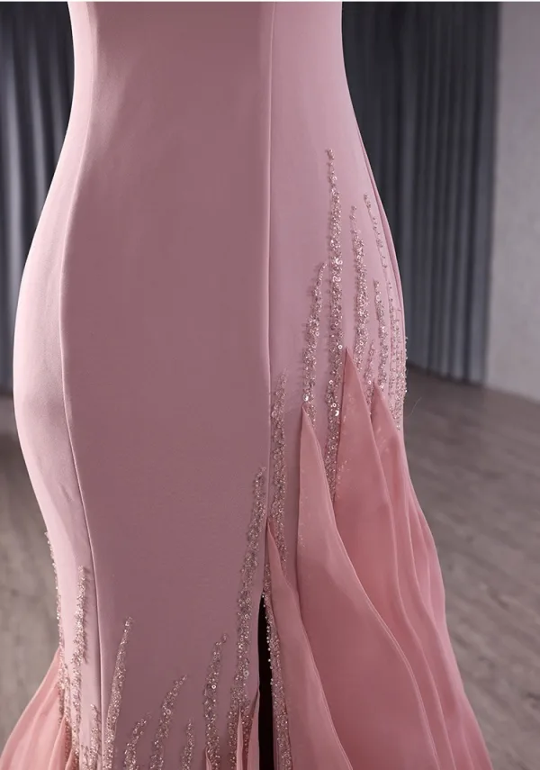 High End Rosa Ballkleider 2025 Meerjungfrau One-Shoulder Ärmellos Rückenfreies Sweep / Pinsel Zug Festliche Kleider