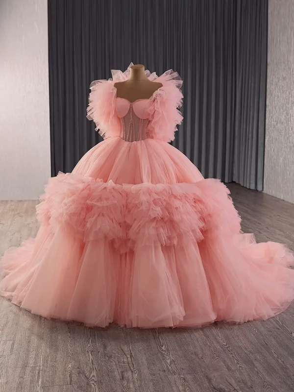 High End Pink Perlenstickerei Fallende Rüsche Brautkleider / Hochzeitskleider 2025 Ballkleid Bandeau Ärmellos Rückenfreies Kapelle-Schleppe Hochzeit