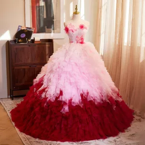 Mote Rødmende Rosa To Farger Appliques Gripende Ruffles Ballkjoler 2024 Ballkjole Strapless Uten Ermer Ryggløse Feie Tog Ball Formelle Kjoler