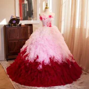 Mode Rougissant Rose Deux Tons Appliques Volants En Cascade Robe De Bal 2024 Robe Boule Bustier Sans Manches Dos Nu Train De Balayage Promo Robe De Ceremonie