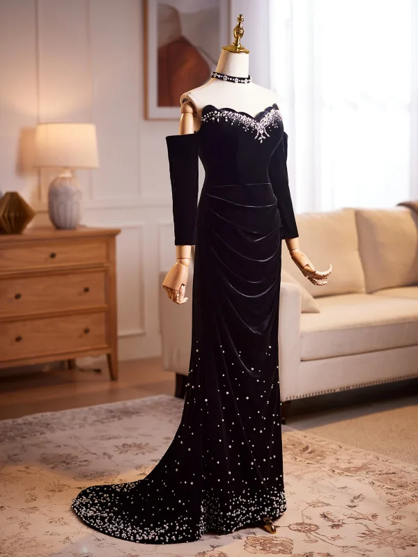 Elegant Black Sequins Pearl Velvet Evening Dresses 2026 Trumpet / Mermaid Off-The-Shoulder 1/2 Sleeves Backless Sweep Train Evening Party Formal Dresses