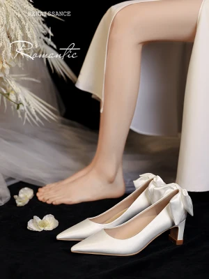 Élégant Ivoire Cuir Noeud Chaussure De Mariée 2023 5 Cm Talons Épais À Bout Pointu Mariage Escarpins Talons Hauts