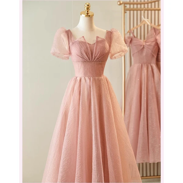Simple Rougissant Rose Glitter Robe Demoiselle D'honneur 2023 Princesse Encolure Carrée Gonflée Manches Courtes Dos Nu Thé Longueur Robe Demoiselle D'honneur