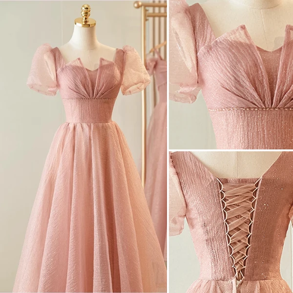 Simple Rougissant Rose Glitter Robe Demoiselle D'honneur 2023 Princesse Encolure Carrée Gonflée Manches Courtes Dos Nu Thé Longueur Robe Demoiselle D'honneur