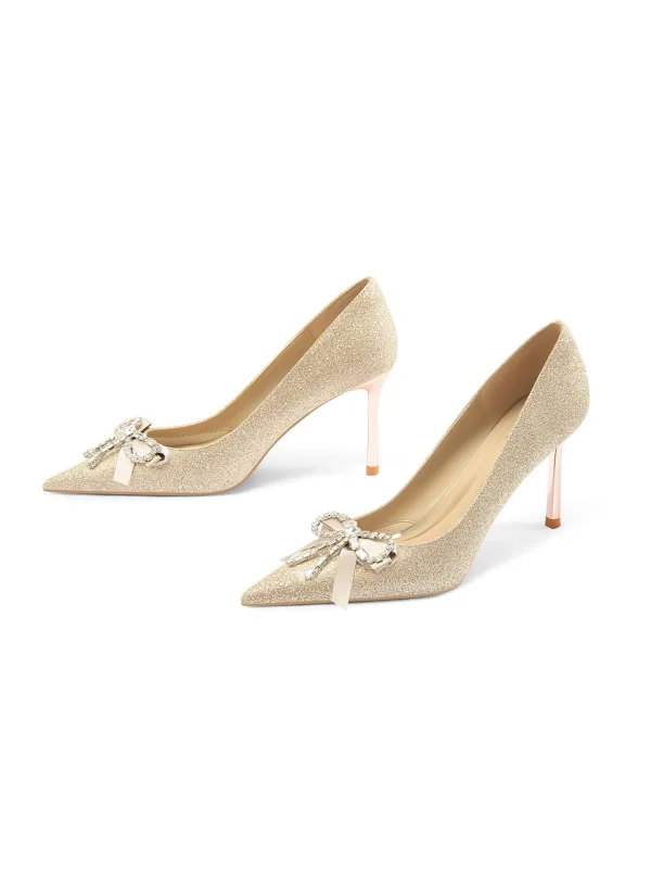 Charmig Champagne Rhinestone Rosett Paljetter Brudskor 2026 Läder 8 cm Stilettklackar Spetsiga Bröllop Pumps Högklackade