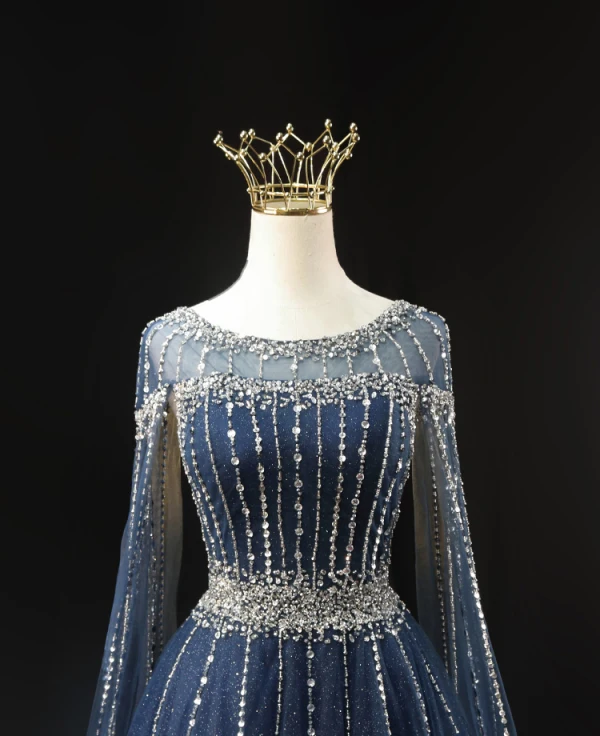 High-end Vintage / Retro Navy Blue Handmade Beading Rhinestone Sequins Prom Dresses 2024 Ball Gown Scoop Neck Sleeveless Backless Floor-Length / Long Formal Dresses