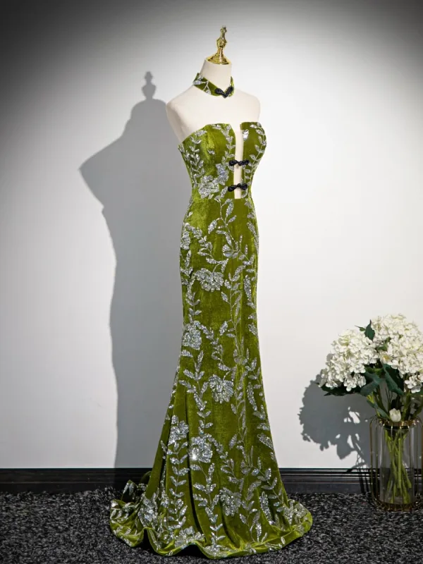 Fashion Green Sequins Velvet Evening Dresses 2024 Trumpet / Mermaid Strapless Sleeveless Backless Sweep Train Evening Party Formal Dresses