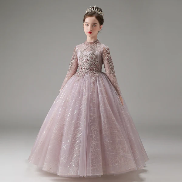Chic / Beautiful Lavender Beading Lace Flower Sequins Birthday Flower Girl Dresses 2023 A-Line / Princess High Neck Long Sleeve Floor-Length / Long Flower Girl Dresses
