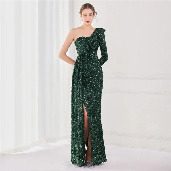 Sexy Lindgrün Pailletten Abendkleider 2022 Meerjungfrau One-Shoulder Lange Ärmel Rückenfreies Lange Gespaltete Front Abend Festliche Kleider