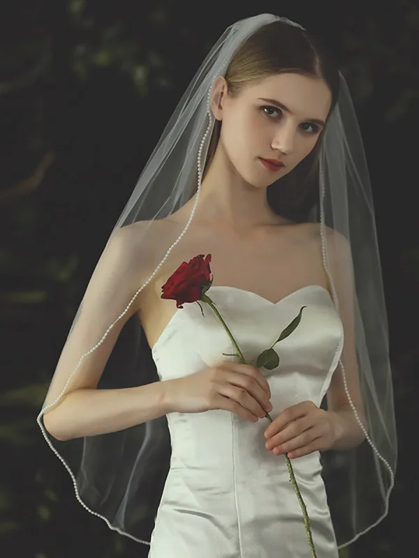 Modest / Simple White Handmade  Pearl Bridal 1 m Wedding Veils 2025 Tulle