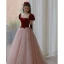 Elegant Burgundy Sequins Prom Dresses 2022 A-Line / Princess Scoop Neck Puffy Short Sleeve Backless Bow Sash Floor-Length / Long Formal Dresses