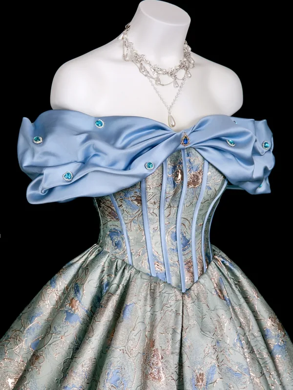 Vintage / Retro Pool Blue Rhinestone Printing Prom Dresses 2025 Ball Gown Off-The-Shoulder Short Sleeve Backless Floor-Length / Long Formal Dresses