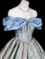 Vintage / Retro Pool Blue Rhinestone Printing Prom Dresses 2025 Ball Gown Off-The-Shoulder Short Sleeve Backless Floor-Length / Long Formal Dresses