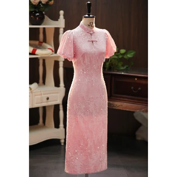 Sparkly Blushing Pink Sequins Evening Party Cheongsam 2024 Trumpet Mermaid High Neck Short Sleeve Tea Length