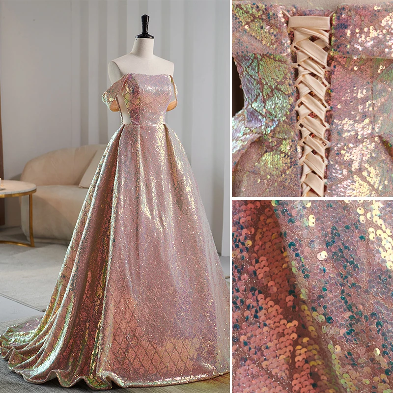 Sparkly Sequins Rose Gold Prom Dresses 2023 A-Line Princess Off-The-Shoulder Sleeveless