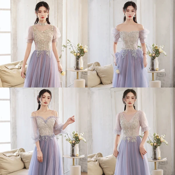 Elegant Purple Lace Flower Bridesmaid Dresses 2022 A-Line / Princess Beading Pearl Sequins Short Sleeve Backless Floor-Length / Long Bridesmaid Wedding Party Dresses