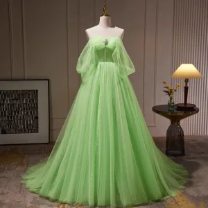 Schöne Salbeigrün Pailletten Strass Ballkleider 2023 A Linie Bandeau Ärmellos Rückenfreies Sweep Pinsel Zug Ball Festliche Kleider