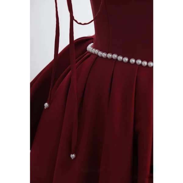 Charming Burgundy Evening Dresses 2023 A-Line / Princess Spaghetti Straps Sleeveless Backless Bow Pearl Sash Floor-Length / Long Evening Party Formal Dresses