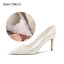 Elegant White Beading Satin Low Heel Wedding Shoes 2024 Pointed Toe Wedding Pumps
