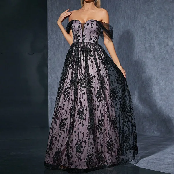 Chic / Beautiful Purple Lace Flower Prom Dresses 2025 A-Line / Princess Off-The-Shoulder Sleeveless Backless Floor-Length / Long Prom Formal Dresses